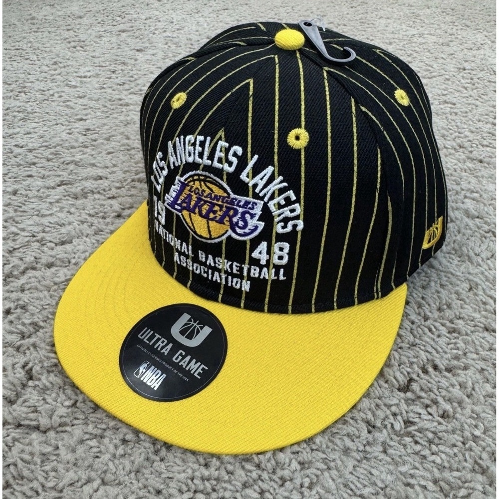 Los Angeles Lakers Hat NBA Ultra Game Black Yellow Pinstripe Snapback Logo‎ Cap